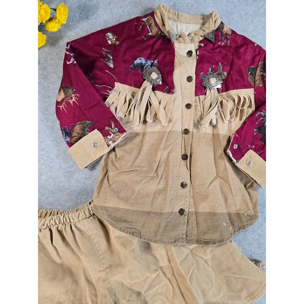 Vintage Western Set Costume Cosplay Kids 2T Tan Burgundy Fringe Corduroy Rodeo